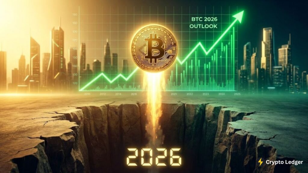 Golden Bitcoin soaring upwards with a green bullish chart background, projecting a strong crypto market outlook for 2026.