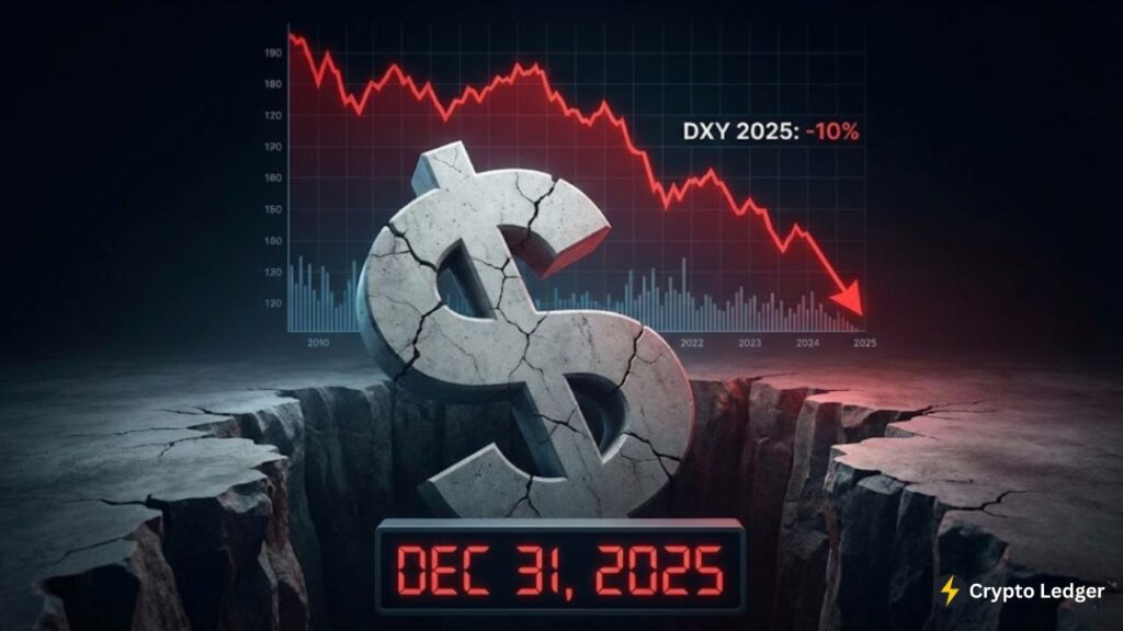 A cracked US Dollar symbol with a red bearish chart background showing a 10% drop in DXY value by December 31, 2025.