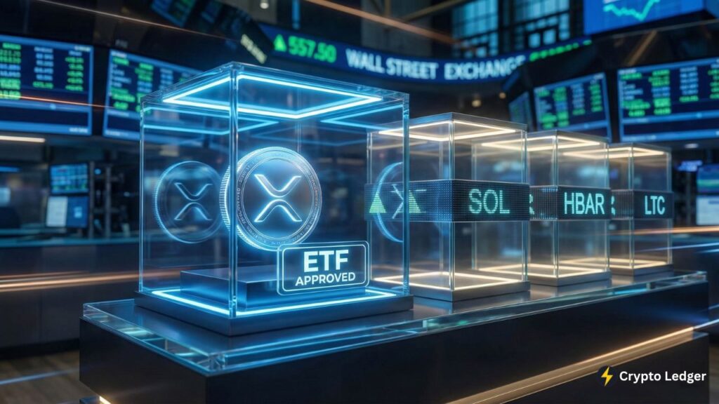 Next Crypto ETF Candidates after XRP featuring SOL HBAR and LTC on digital shelf