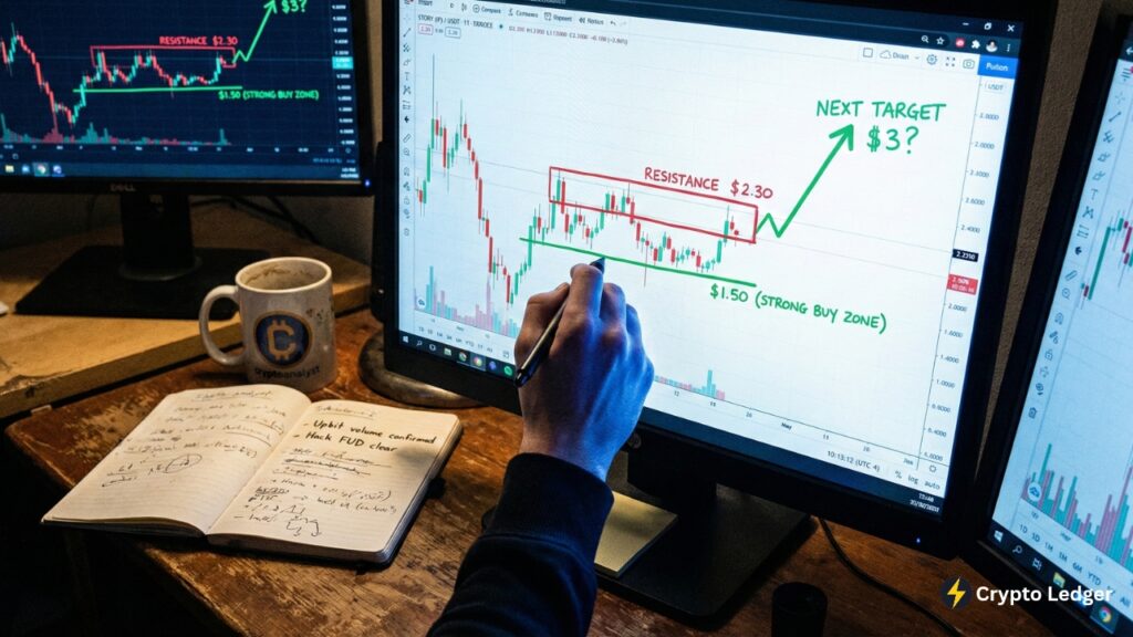 Crypto analyst drawing technical support at $1.50 and resistance at $2.30 on Story (IP) price chart.